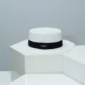 White flat top straw hat with black ribbon, elegant summer sun protection beach boater hat. - M (54-57cm) / White