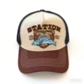 American style vintage embroidered baseball cap with breathable mesh and curved brim for outdoor. - Bear Head Salmon - Beige with Coffee Brim