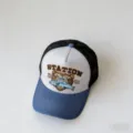 American vintage trucker cap with cool bear embroidery and breathable mesh back for outdoor sun. - Bear Head Salmon - White + Light Blue Brim