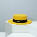 Yellow straw hat with black ribbon variant, stylish flat top sun hat for summer outdoor leisure. - M (54-57cm) / Yellow
