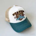 American vintage trucker hat with embroidered bear and fish design, breathable mesh back. - Bear Head Salmon - White + Green Brim