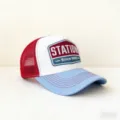 American style mesh baseball cap, breathable trucker hat with embroidered patch for casual wear. - Since1865-White + Light Blue Brim