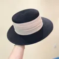 French vintage flat top straw hat for women summer wide brim sun hat beach vacation accessory - M (56-58cm) / Black with Beige Ribbon