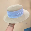 French retro flat-top straw hat with light blue ribbon band, wide brim summer sun protection cap. - M (56-58cm) / Beige Light Blue
