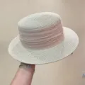 French retro flat-top straw hat for women, summer woven sun protection beach vacation wide brim. - M (56-58cm) / Beige With Beige Ribbon