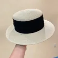 French retro flat top straw hat for women, summer woven beach sun visor wide brim fedora. - M (56-58cm) / Beige with Black Band