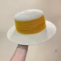 French retro flat-top straw hat with yellow ribbon, elegant summer sunshade wide-brim sun cap. - M (56-58cm) / Beige with Yellow Ribbon