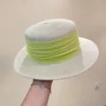 French vintage flat top straw hat for women summer beach sun protection vacation wide brim - M (56-58cm) / Beige and Fluorescent Green