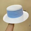 French vintage flat top straw hat for women, summer sun protection beach vacation wide brim hat - M (56-58cm) / White with Blue Ribbon