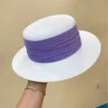 French vintage flat top straw hat for women summer wide brim sun protection beach sunhat - M (56-58cm) / White with Purple Ribbon
