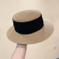 French vintage flat top straw hat for women, summer beach sun protection wide brim boater hat - M (56-58cm) / Khaki With Black Ribbon