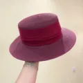French vintage flat top straw hat women summer woven sun hat wide brim vacation beach cap - M (56-58cm) / Rose Red with Wine Red Ribbon
