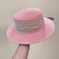 French vintage flat top straw hat for women, chic wide brim summer beach sun hat. - M (56-58cm) / Pink with Beige Ribbon
