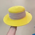 French retro flat top straw hat for women, summer beach sun protection wide brim boater hat. - M (56-58cm) / Yellow with Beige Ribbon