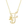 Close-up of gold-plated 18K gold letter F necklace pendant with angel and crystals - Letter F (ZXL-009) / Gold