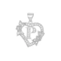 Silberne Herz-Anhänger-Halskette mit P-Initial und Blumendetail mit funkelnden Steinen - Buchstabe P / Nur Anhänger (Ohne Kette) / Silber