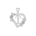 Eleganter silberner Herzanhänger mit Blumendetail und Zirkonia-Buchstabe T für Halsketten - Buchstabe T / Nur Anhänger (Ohne Kette) / Silber