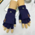 Men's winter knitted fingerless flip-top gloves, warm outdoor office typing gloves. - Half Finger Flip Cover / Navy Blue