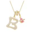 Detailed shot of a gold-plated letter B and pink planet pendant with clear zircons. - Letter B