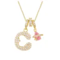 Close-up view of gold-plated necklace with full-drill letter C and pink planet star pendant - Letter C