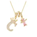 Macro detail of luxury gold-plated crown letter C necklace with radiant pink zircon - Gold C (Pendant + Box Chain)