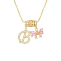 Close-up of 18k gold plated necklace with letter B and pink heart bow pendant - Letter B / Pendant + Box Chain / Gold