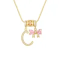 Detail view of 18k gold necklace with zircon letter C and pink heart bow pendant - Letter C / Pendant + Box Chain / Gold