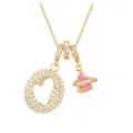 Detail of gold box chain necklace with zircon-encrusted letter O and pink planet pendant - Letter O