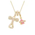 Close-up of gold-plated necklace with pavé zirconia letter R and pink Saturn pendant - Letter T
