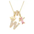 Elegante 18k vergoldete Halskette mit W-Anhänger, rosa Zirkonia und Kronen-Motiv - Gold W (Anhänger + Boxkette)