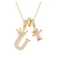 Elegante vergoldete Halskette mit Buchstabe U, Krone und rechteckigem rosa Zirkonia - Gold U (Anhänger + Boxkette)