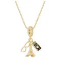 Close-up of gold-plated necklace with Eiffel Tower, camera, and glasses charms. - Tower And Sunglasses Pendant