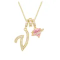 Elegante goldene Kette mit Buchstabe V und einem Herzanhänger aus rosa Zirkonia im Saturn-Stil - Buchstabe V (DXL-063) / Gold