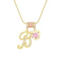 Macro view of a gold-plated letter B necklace with a sparkling pink heart pendant. - Gold B (Pendant + Box Chain)