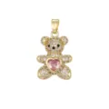 Detailed view of a gold-plated teddy bear pendant with micro-pave zircons and pink heart stone - Pendant Only (Without Chain) (DZ-068) / Gold-Pink Rhinestone