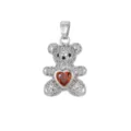 Detailed teddy bear pendant featuring micro-pave zircons and a central red heart gemstone. - Pendant Only (Without Chain) (DZ-068) / Silver-Red Rhinestone