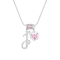 Detailansicht der silbernen Herzkette mit rosa Zirkonia und Anhänger J - Silber J (Anhänger + Box-Kette)