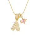 Detailed close-up of 18K gold plated letter A pendant and pink heart planet charm. - Capital Letter A Style / Box Chain 45+5cm / Gold