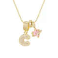 Macro view of 18K gold plated heart and letter C pendant necklace with pink zircon stones - Uppercase Letter C Style / Box Chain 45+5cm / Gold