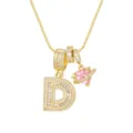 Detailed view of 18K gold plated letter D and pink heart planet pendants with cubic zirconia - Letter D Style / Box Chain 45+5cm / Gold