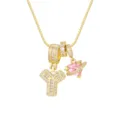 Détail du collier plaqué or 18 carats avec cœur rose et lettre Y sertie de zircons - Style Lettre Y / Chaîne Boîte 45+5cm / Or