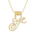 Vergulde ketting met cursieve letter T, hart planeet hanger en fonkelende kristallen - Schrijfletter T (DXL-065) / Goud