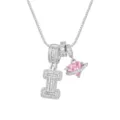 Collier argenté élégant avec planète cœur rose et pendentifs lettre I sertis de zircons - Style Lettre I / Chaîne Boîte 45+5cm / Argent