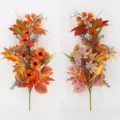 Detailed view of autumn floral pick with maple leaves, sunflowers and small pumpkins. - Autumn Branch / 2 Pcs/Set