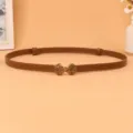 Women vintage thin leather belt with gold metal buckle elegant dress waist accessory chic style - Caramel color