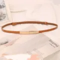 Detail of a thin tan adjustable leather belt with a gold buckle on a stylish background - Tan