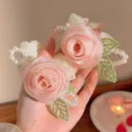 Elegant pink fabric rose hair scrunchie with white pearls and lace leaves - Pearl Pink Rose Scrunchie