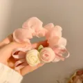 Elegant pink organza scrunchie with fabric roses and a silk ribbon bow - Pink & White Rose Scrunchie