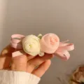 Elegant pink and white fabric rose hair clip with ribbon bow and faux pearl detail - Pink & White Rose Side Clip