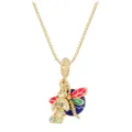 Detailed macro shot of a golden dog and colorful dragonfly enamel charm necklace - Bunny Pendant